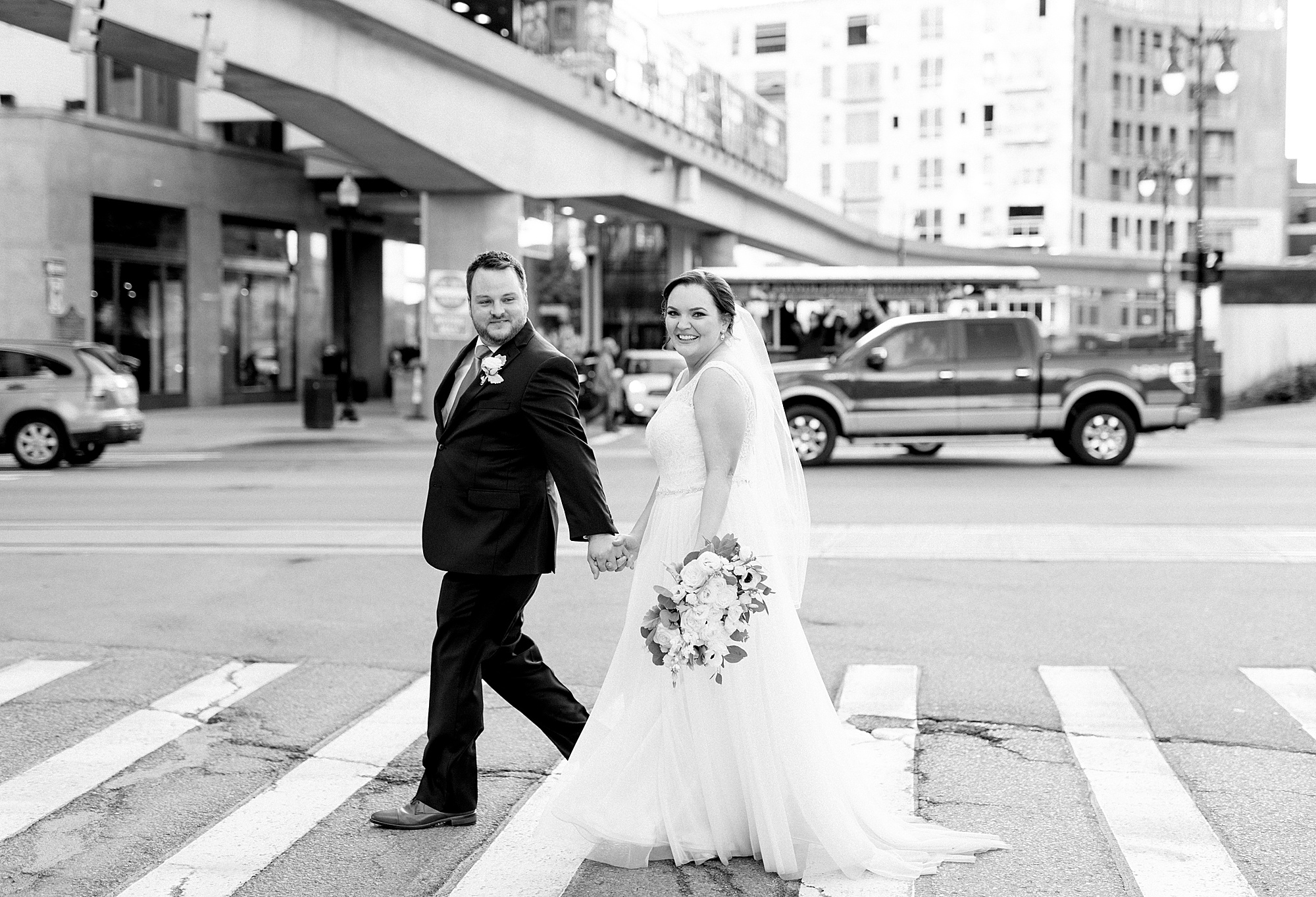 A romantic slate blue, green, and cream Fall Madison Building wedding in Downtown Detroit, Michigan by Breanne Rochelle Photography.