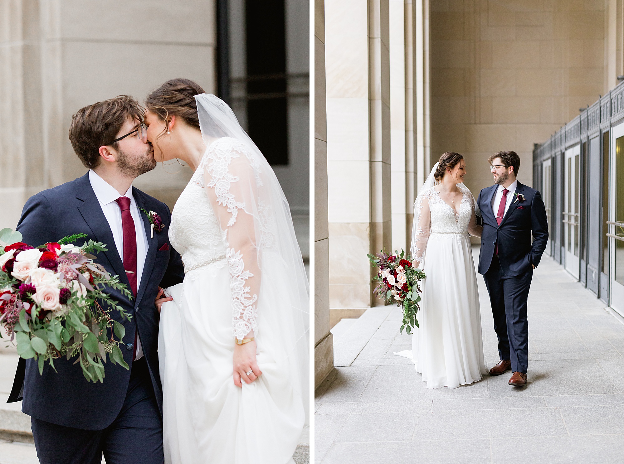 A romantic wintertime Downtown Grand Rapids wedding filled with cream and burgundy flowers by Breanne Rochelle Photography.