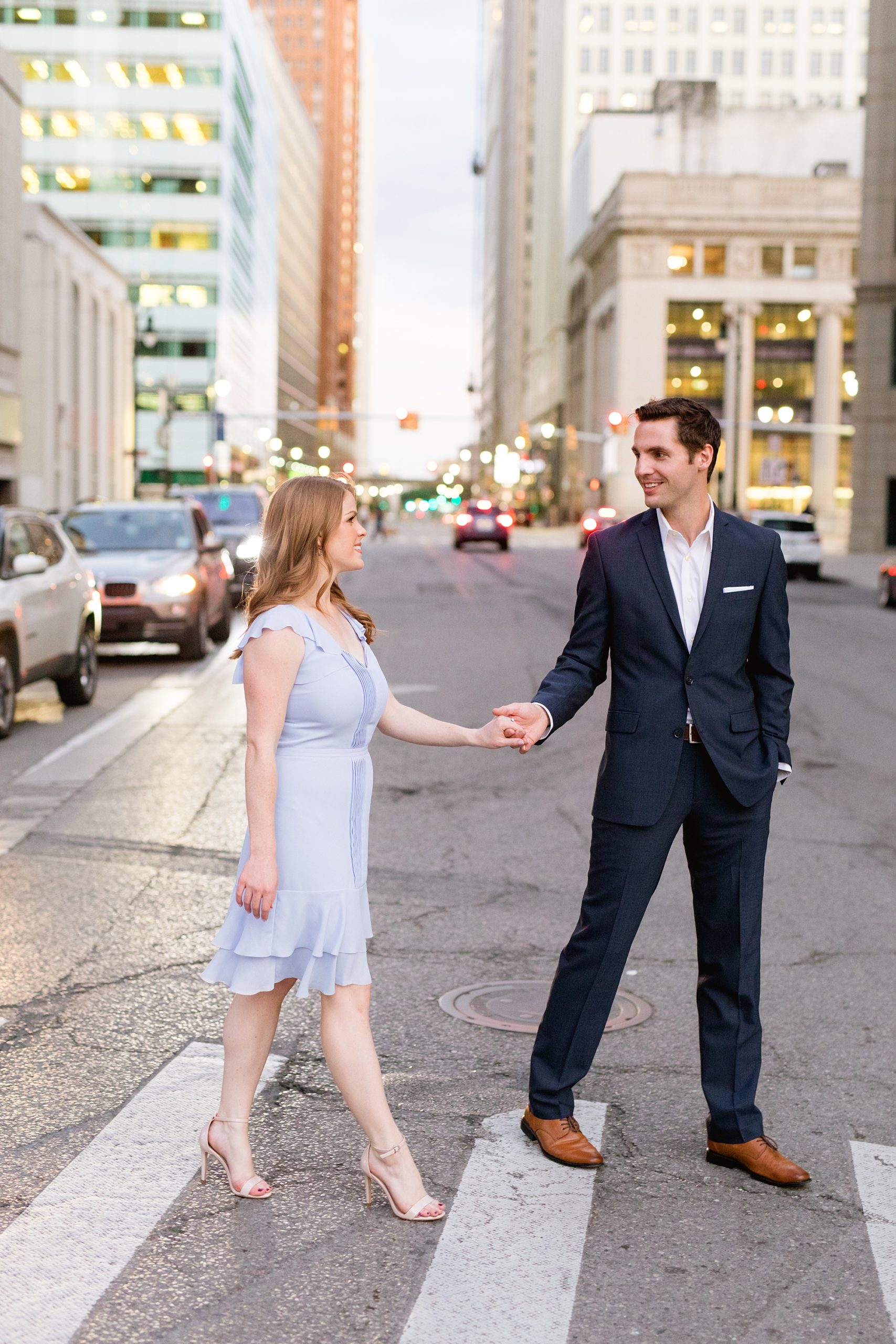 Engagement session in Downtown Detroit | Crossing the street | Breanne Rochelle Photography