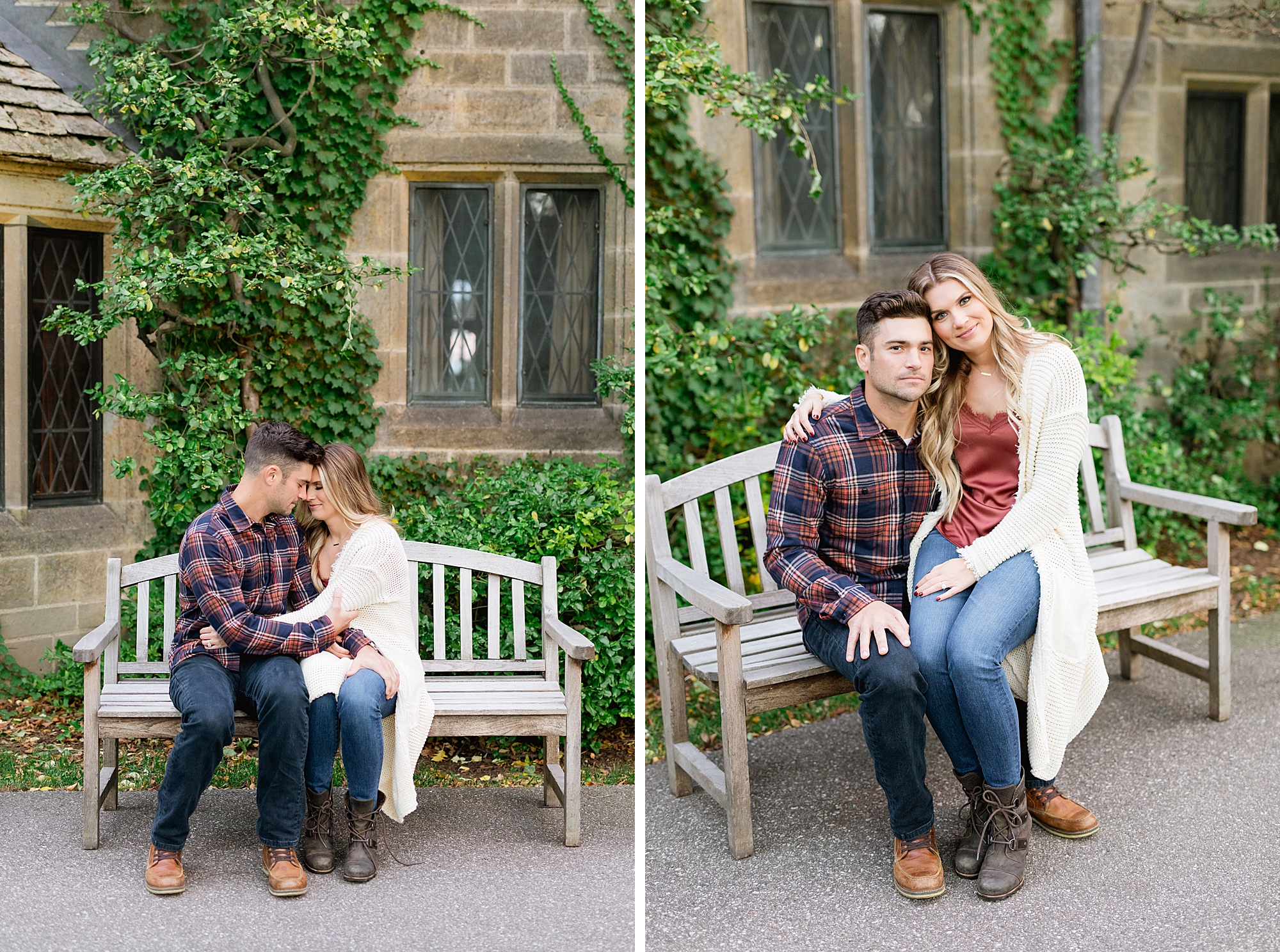 Couple on a bench at engagement session | Breanne Rochelle Photography