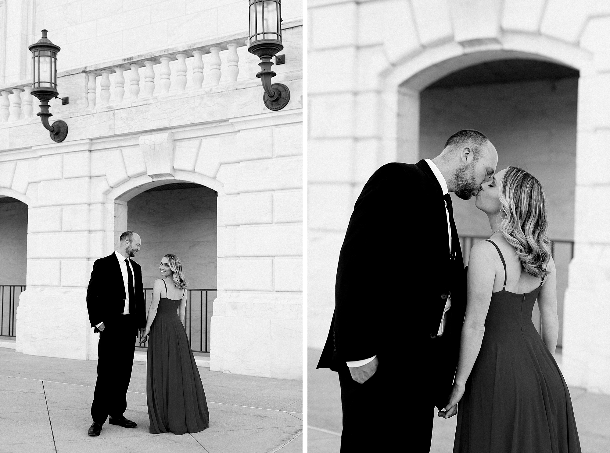 black and white photos from a classy engagement photo session