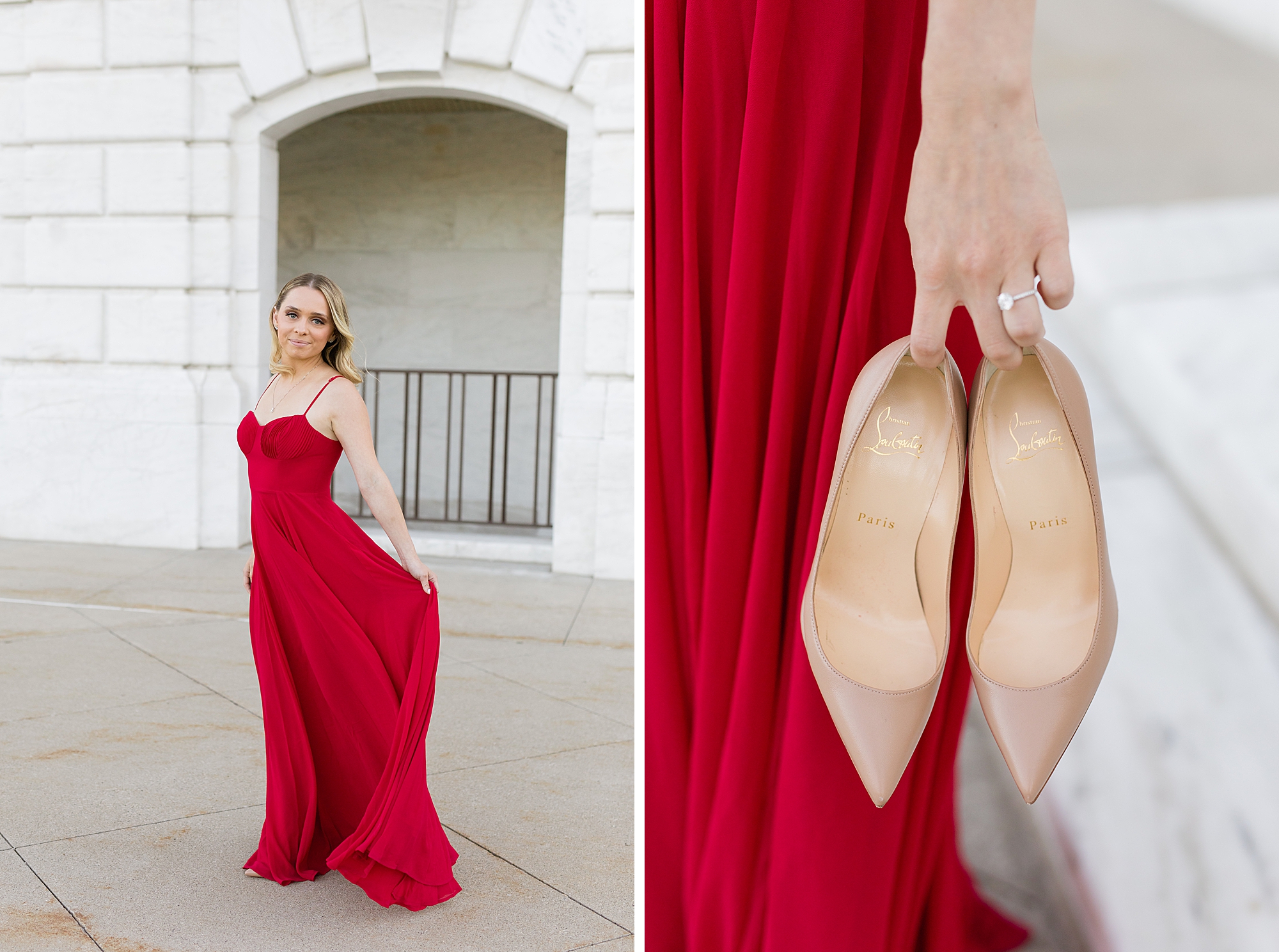 woman in long red dress poses for engagement photos
