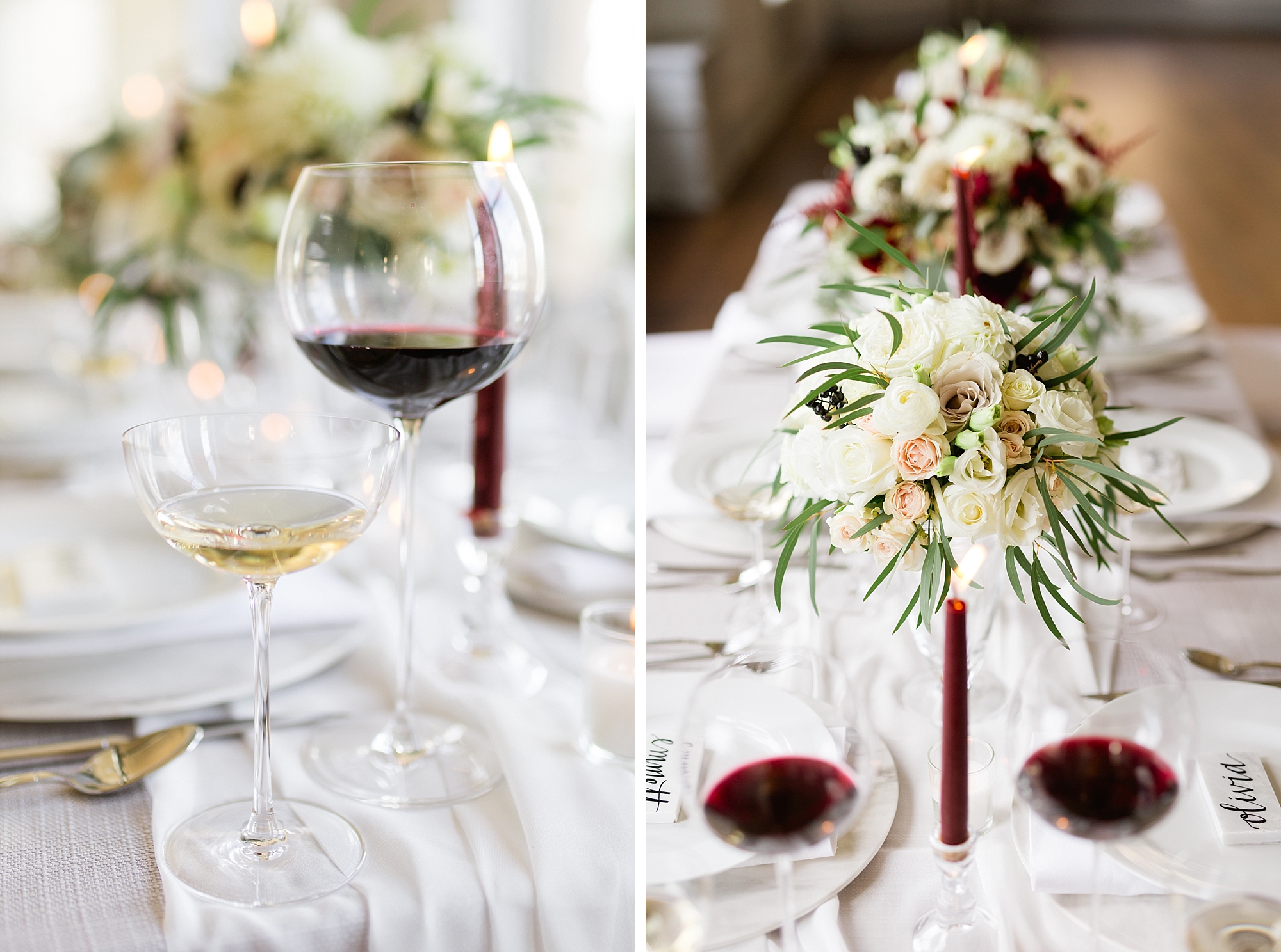 An elegant black tie inspired wedding filled with burgundy florals and modern marble details at Castle Hall in Downtown Detroit, Michigan by Breanne Rochelle Photography.