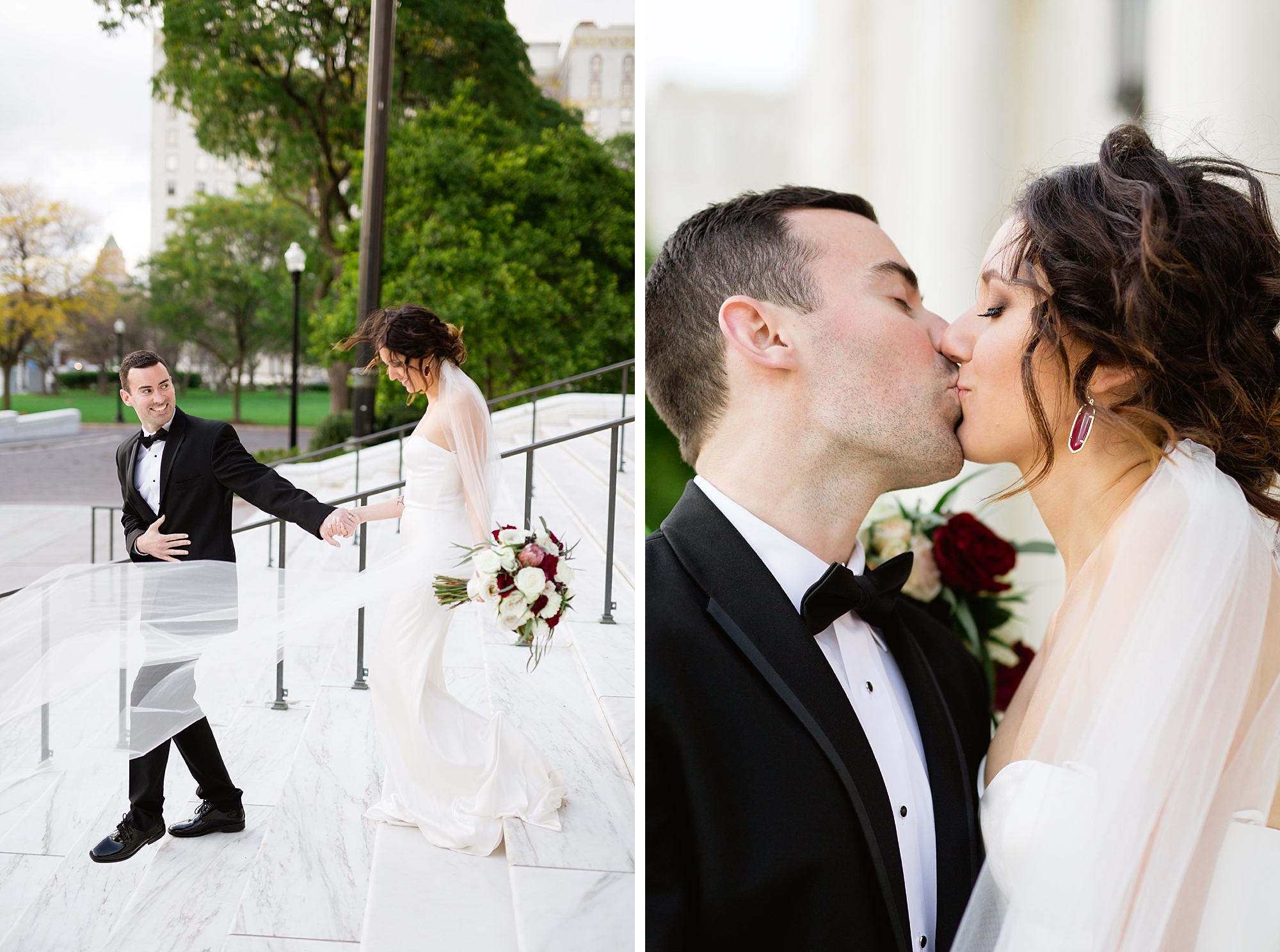 An elegant black tie inspired wedding filled with burgundy florals and modern marble details at Castle Hall in Downtown Detroit, Michigan by Breanne Rochelle Photography.