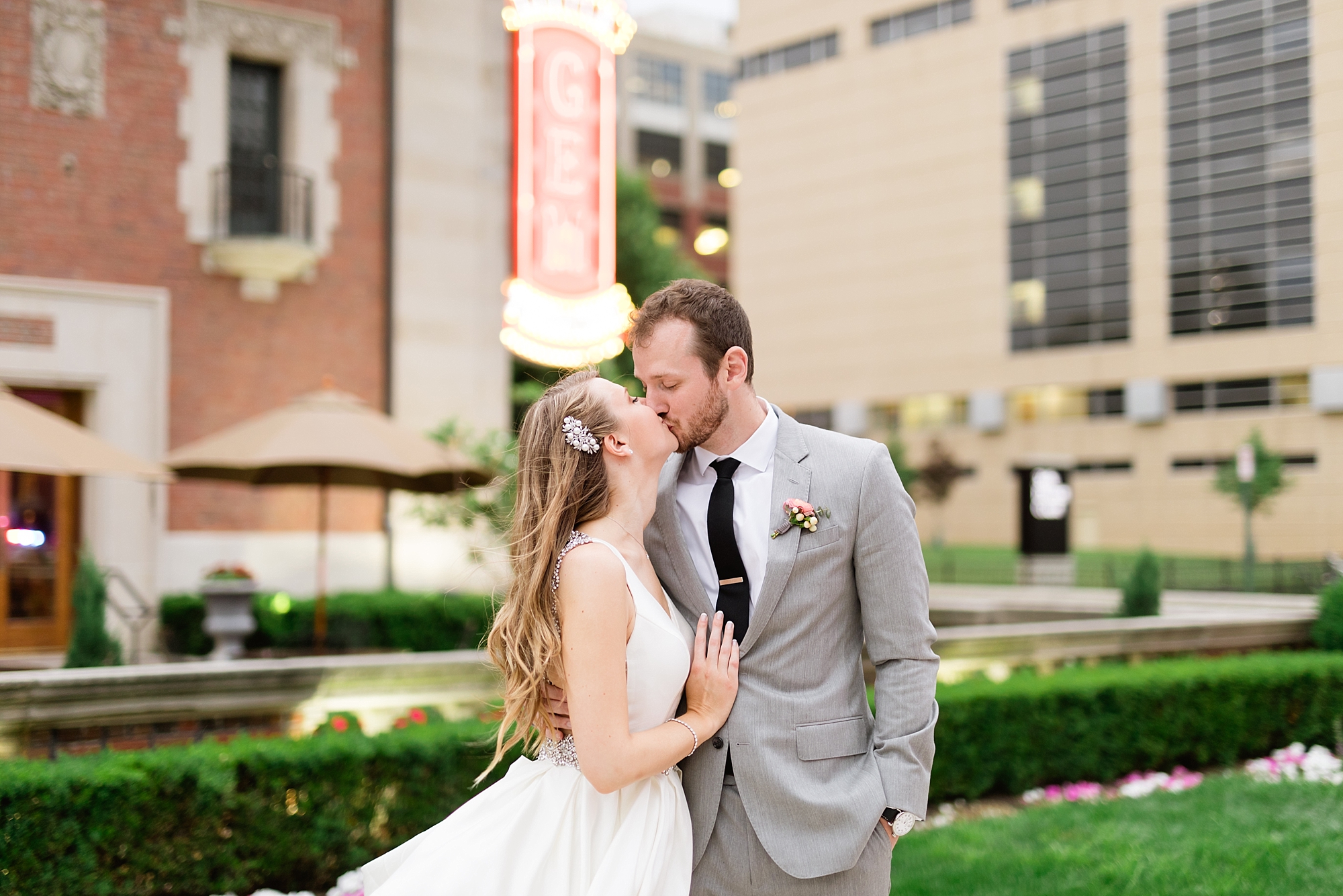 A romantic blush, peach, and maroon June wedding at the Gem Theatre in Detroit, Michigan by Breanne Rochelle Photography.