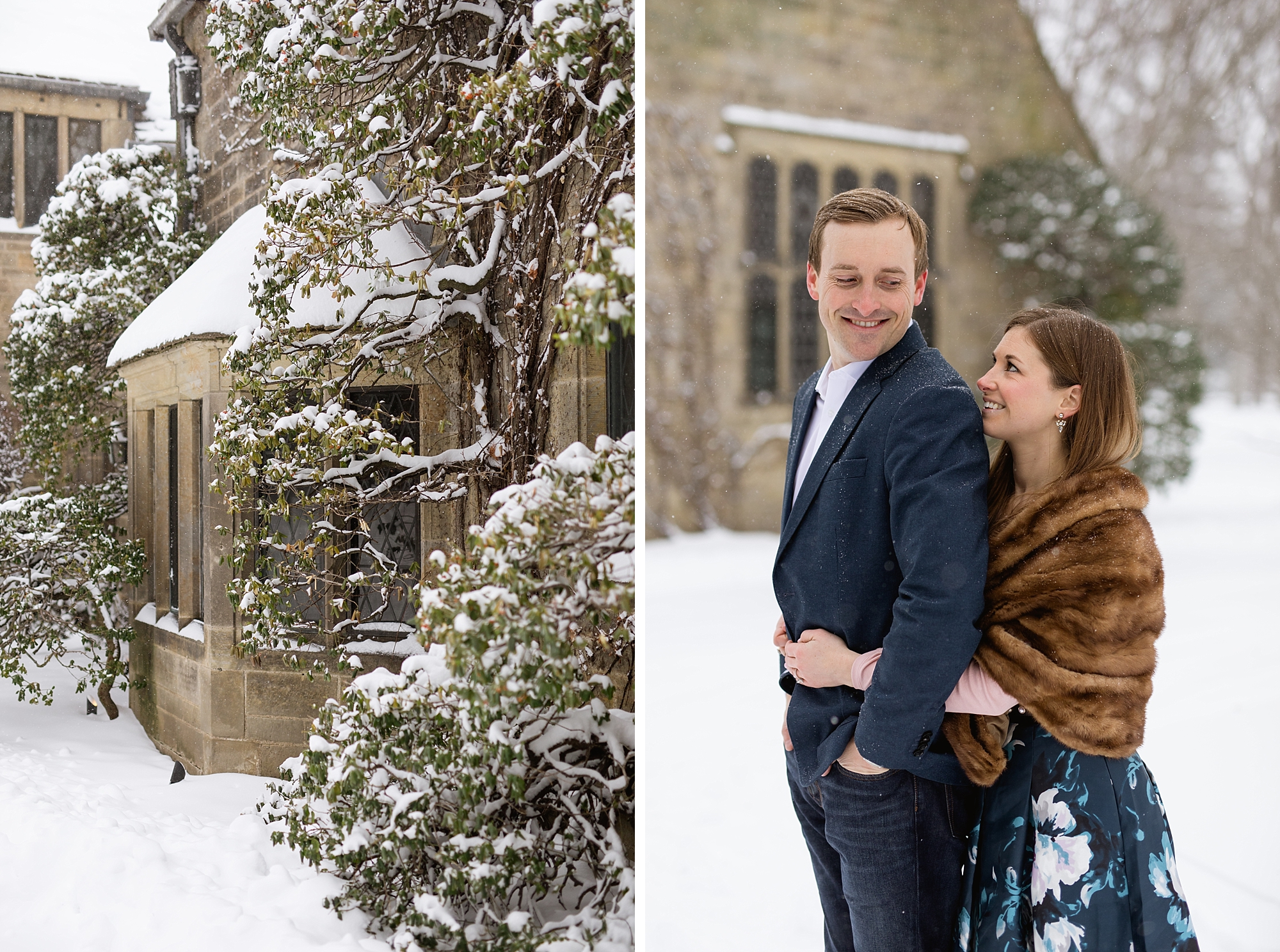 A winter engagement session filled with champagne and snowflakes at the Edsel and Eleanor Ford House in Grosse Pointe, Michigan by Breanne Rochelle Photography.
