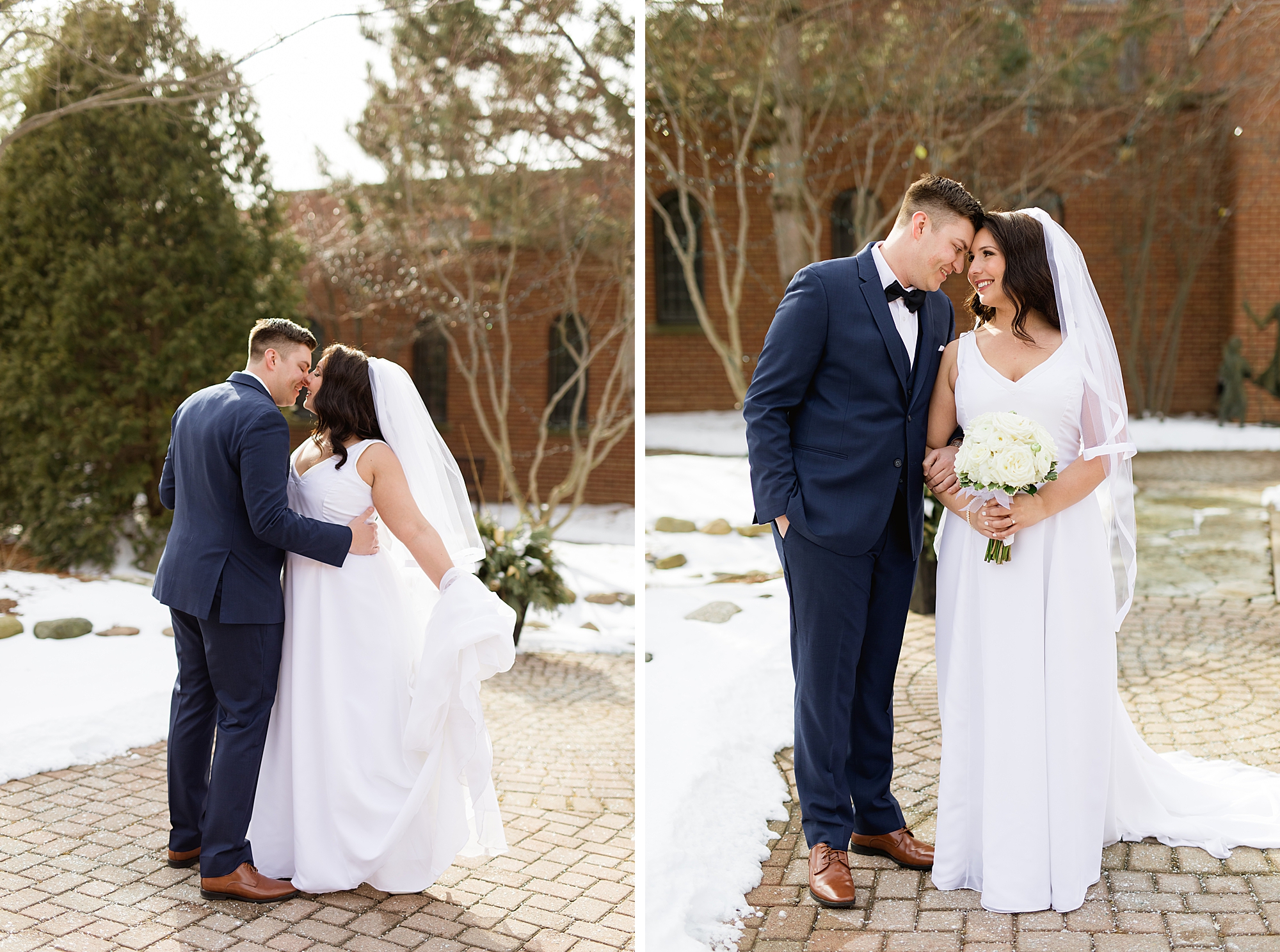 A classic blush and navy winter Inn at St. John's wedding set against a snowy backdrop in Plymouth, Michigan by Breanne Rochelle Photography.